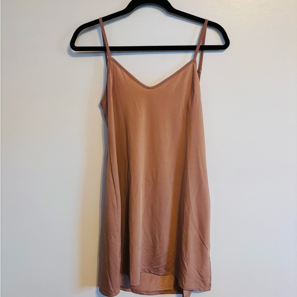 For Love & Lemons slip dress in tan, low back perfect to wear under low back